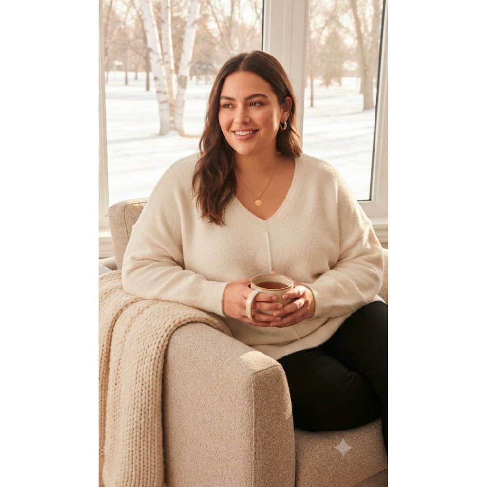Max Studio Ivory Fuzzy Knit V-Neck Oversized Sweater XL
